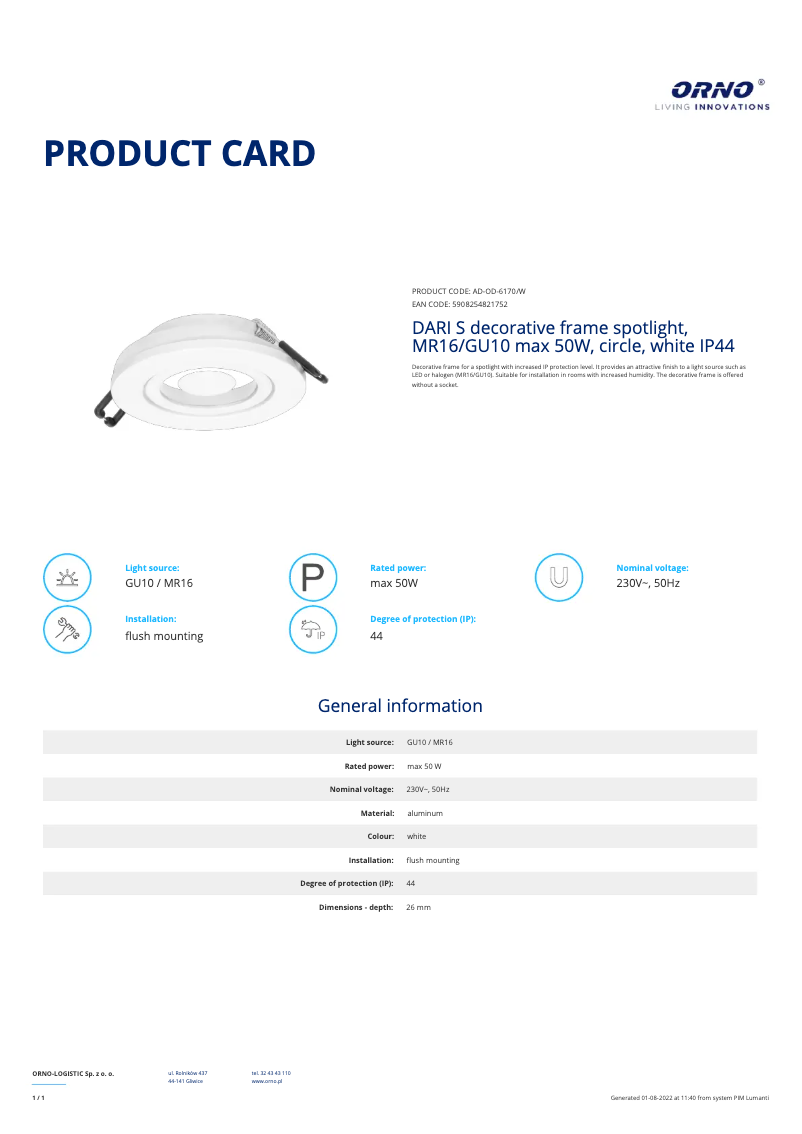 Page n°1 - Fiche technique Adviti AD-OD-6170/W