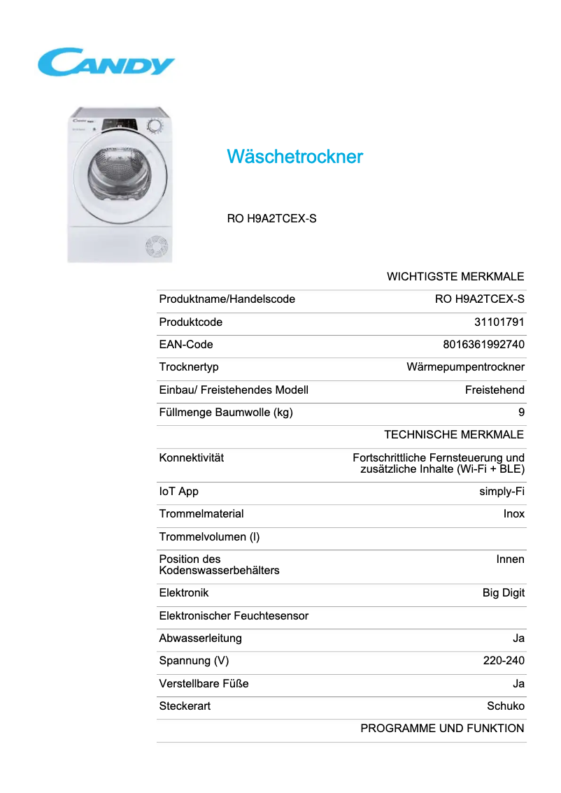 Page 1 de la notice Fiche technique Candy RO H9A2TCEX-S