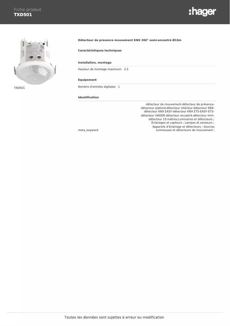 Page 1 de la notice Fiche technique Hager TXD501