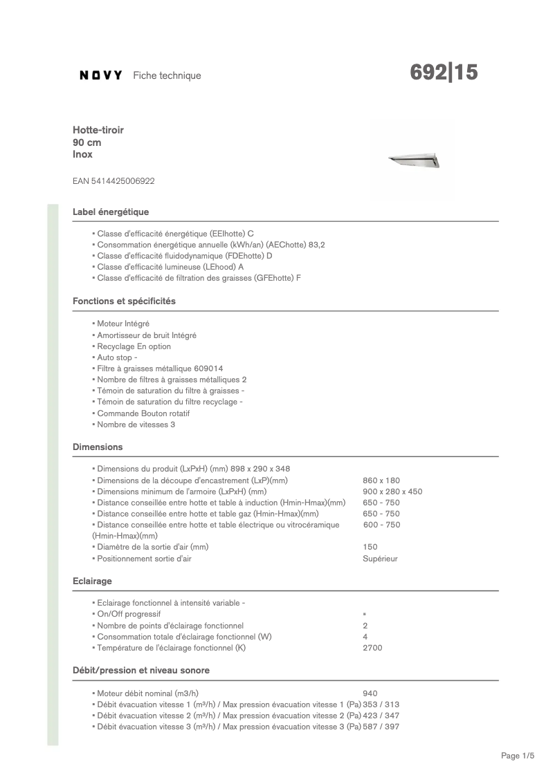 Page 1 de la notice Fiche technique Novy 692