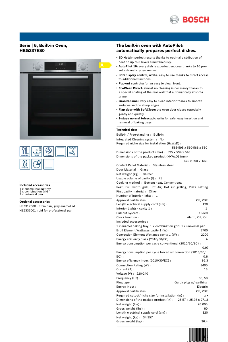Page 1 de la notice Fiche technique Bosch HBG337ES0