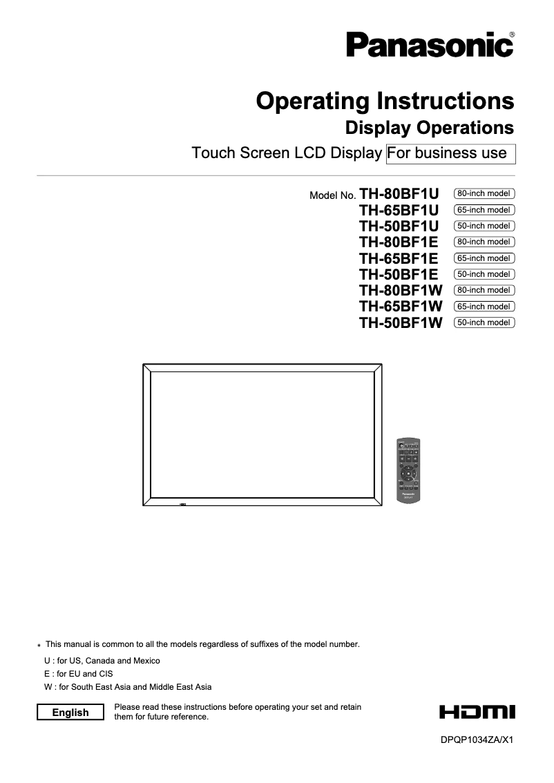 Page 1 de la notice Manuel utilisateur Panasonic TH-50BF1E