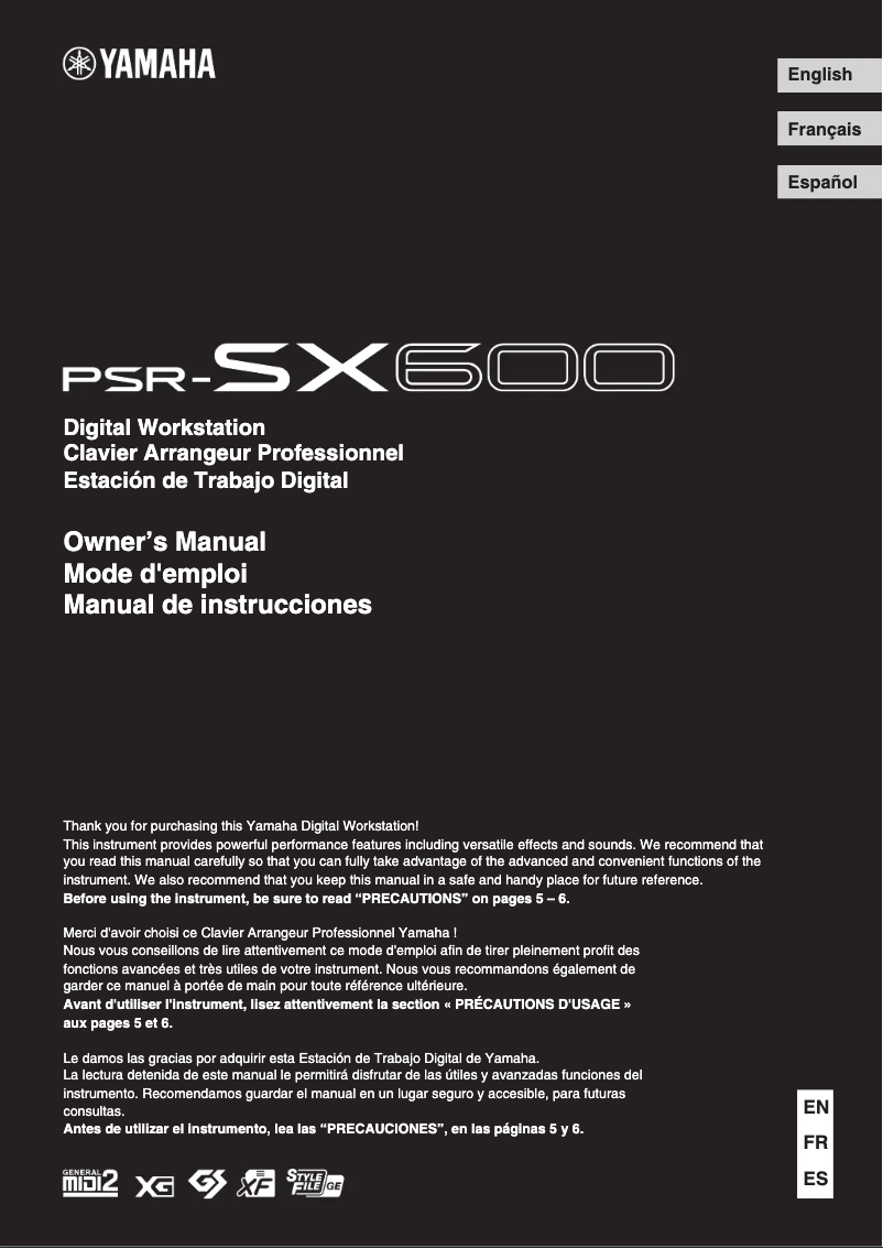 Page 1 de la notice Manuel utilisateur Yamaha PSR-SX600