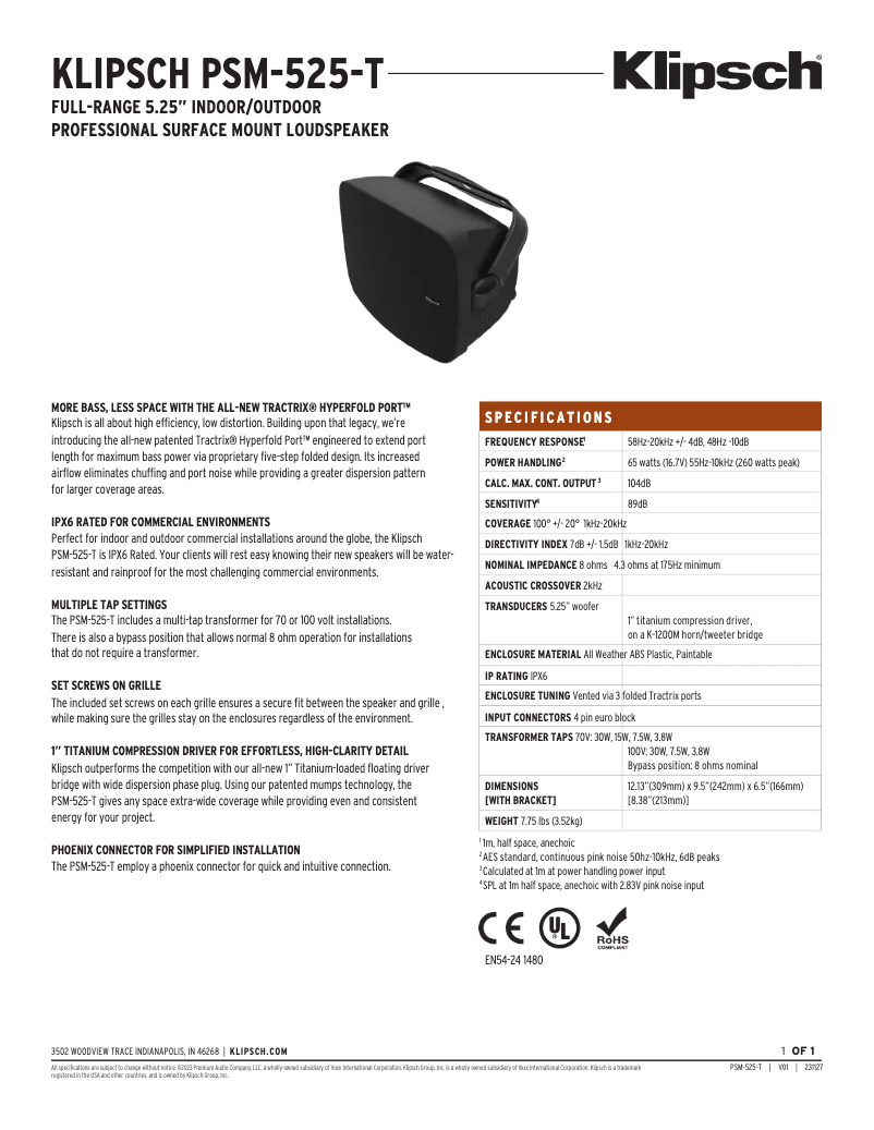 Page 1 de la notice Fiche technique Klipsch PSM-525-T