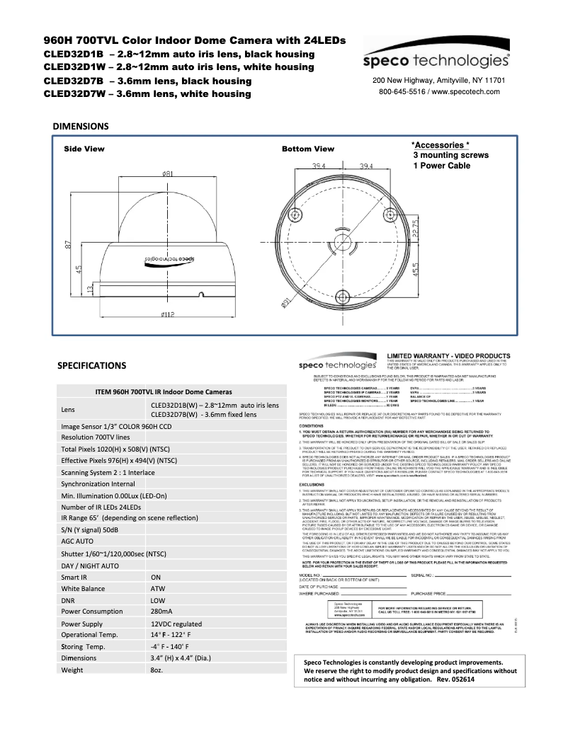 Page 1 de la notice Manuel utilisateur Speco Technologies CLED32D7B