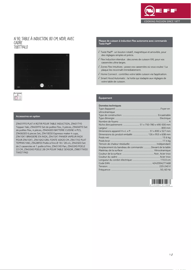Page 1 de la notice Fiche technique Neff T68TTY4L0