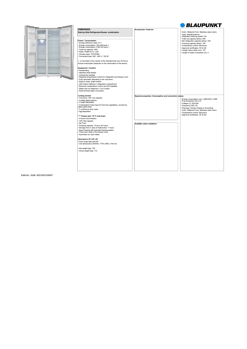 Page 1 de la notice Fiche technique Blaupunkt 5SB890SE0