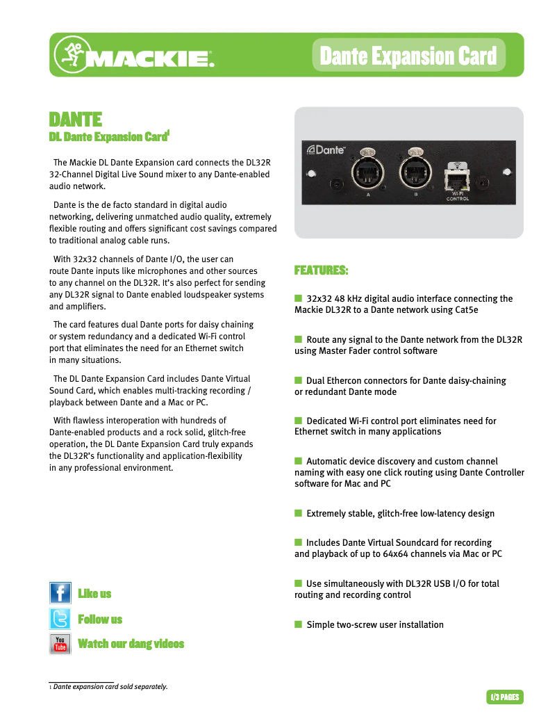 Image de la première page du manuel de l'appareil DL Dante Expansion Card
