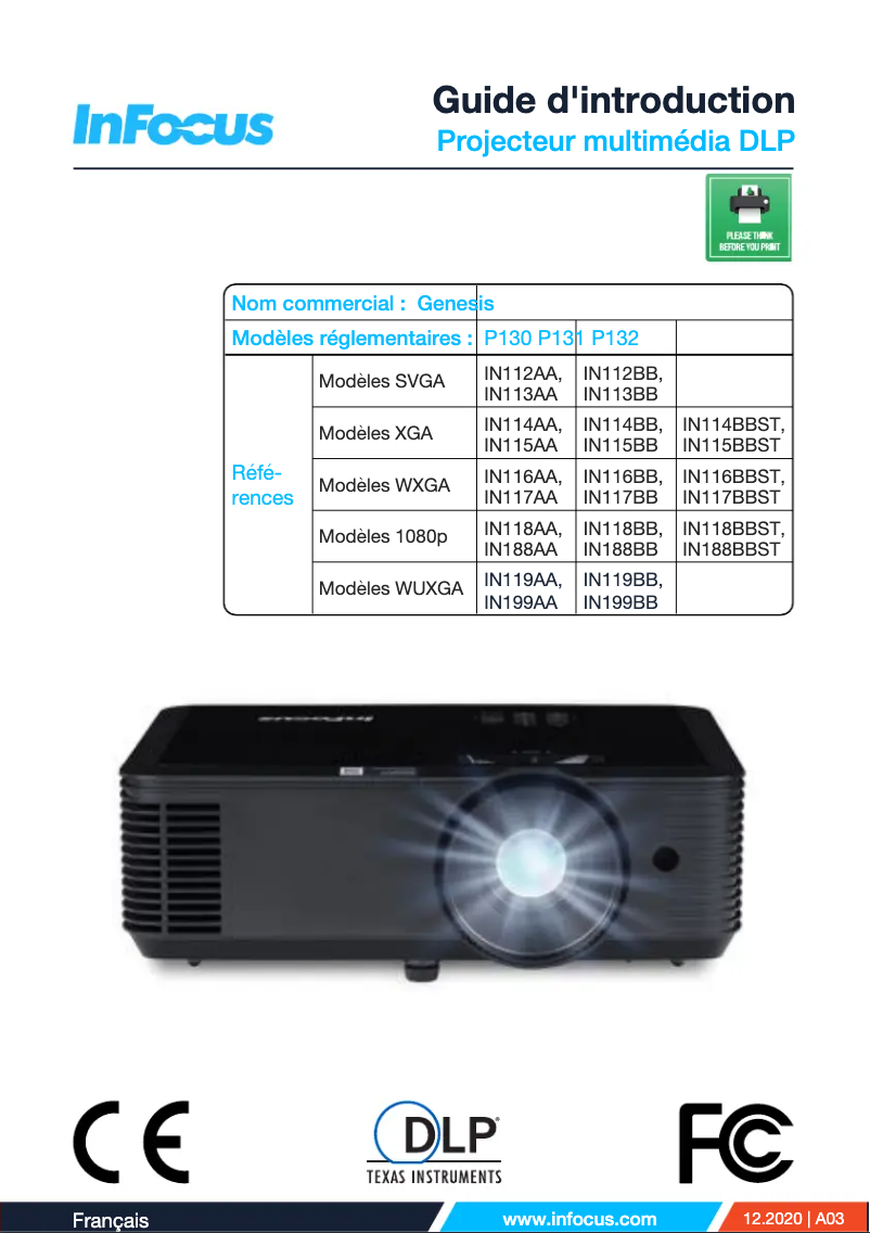 Page 1 de la notice Manuel utilisateur InFocus Genesis IN112BB