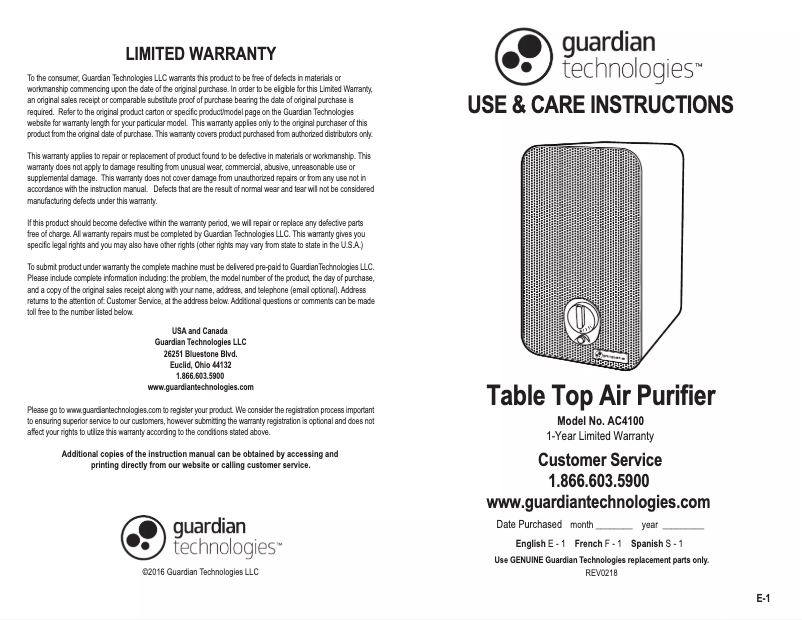 Page 1 de la notice Manuel utilisateur Guardian GermGuardian AC41001
