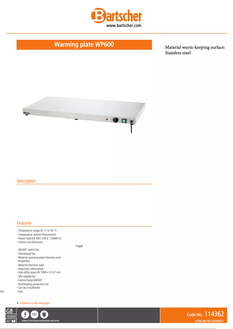 Page 1 de la notice Fiche technique Bartscher 114362