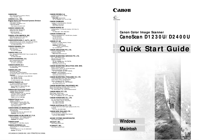 Page n°1 - Guide de démarrage rapide Canon CanoScan D2400UF