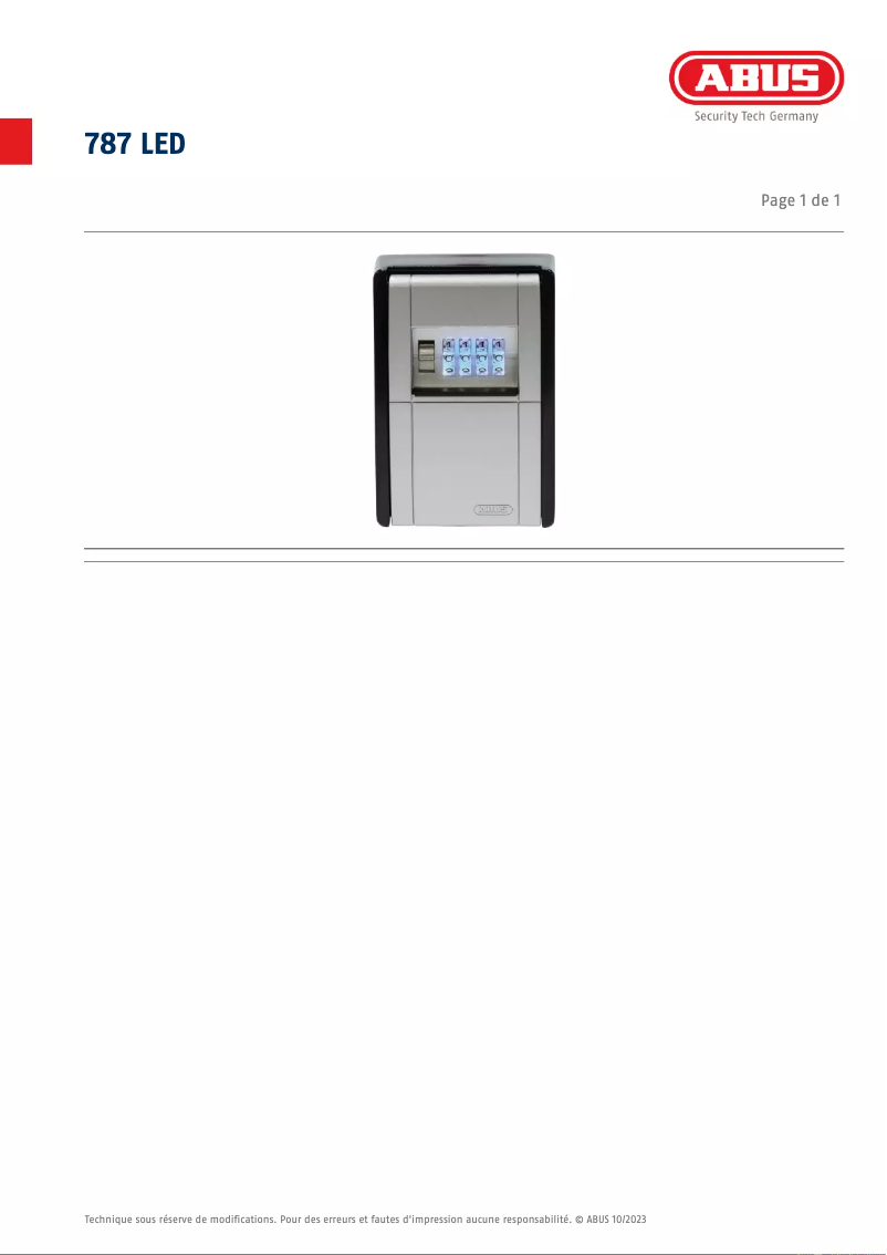 Page 1 de la notice Fiche technique Abus KeyGarage 787 LED