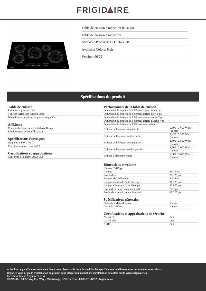 Page 1 de la notice Fiche technique Frigidaire FCCI3627AB