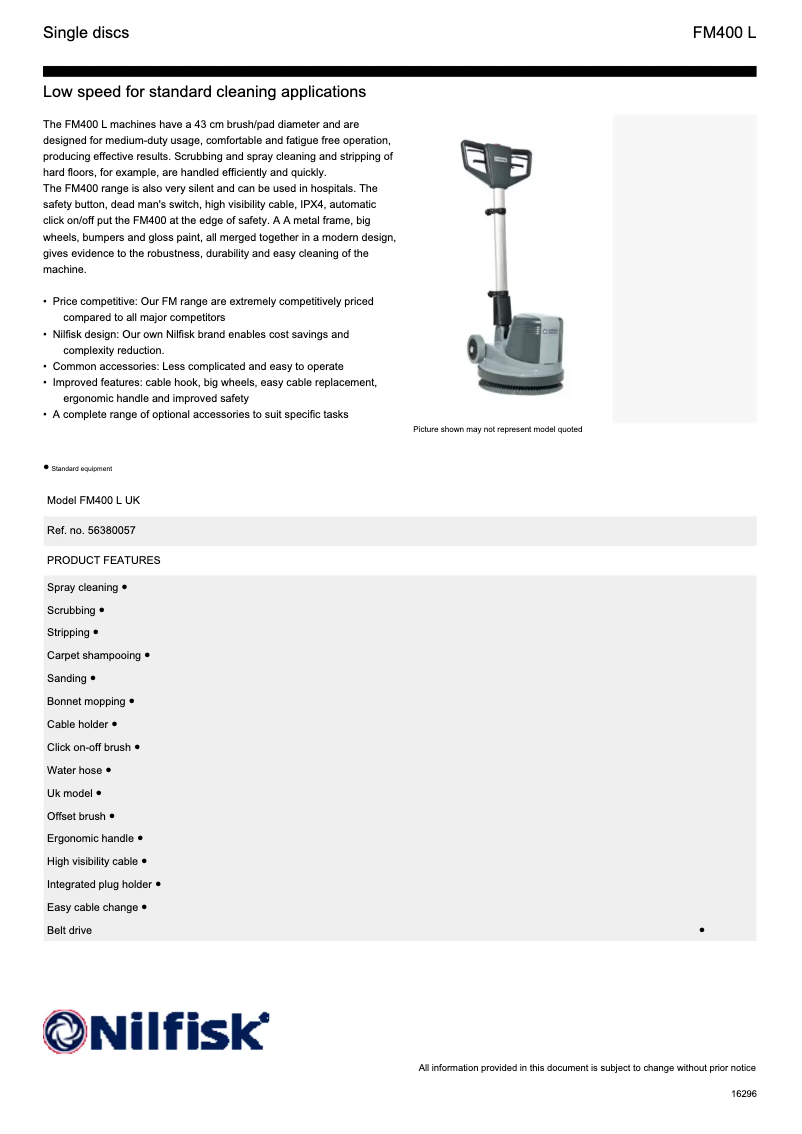 Page 1 de la notice Fiche technique Nilfisk FM400L