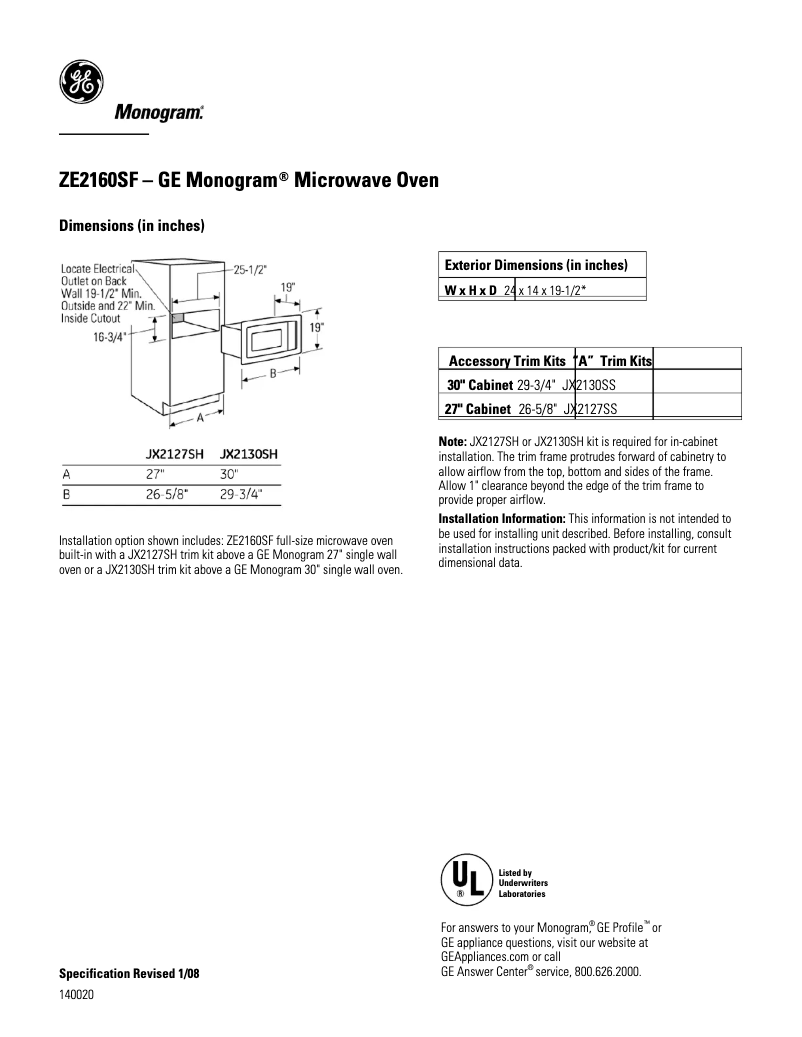Page 1 of the manual Technical Sheet GE ZE2160SF