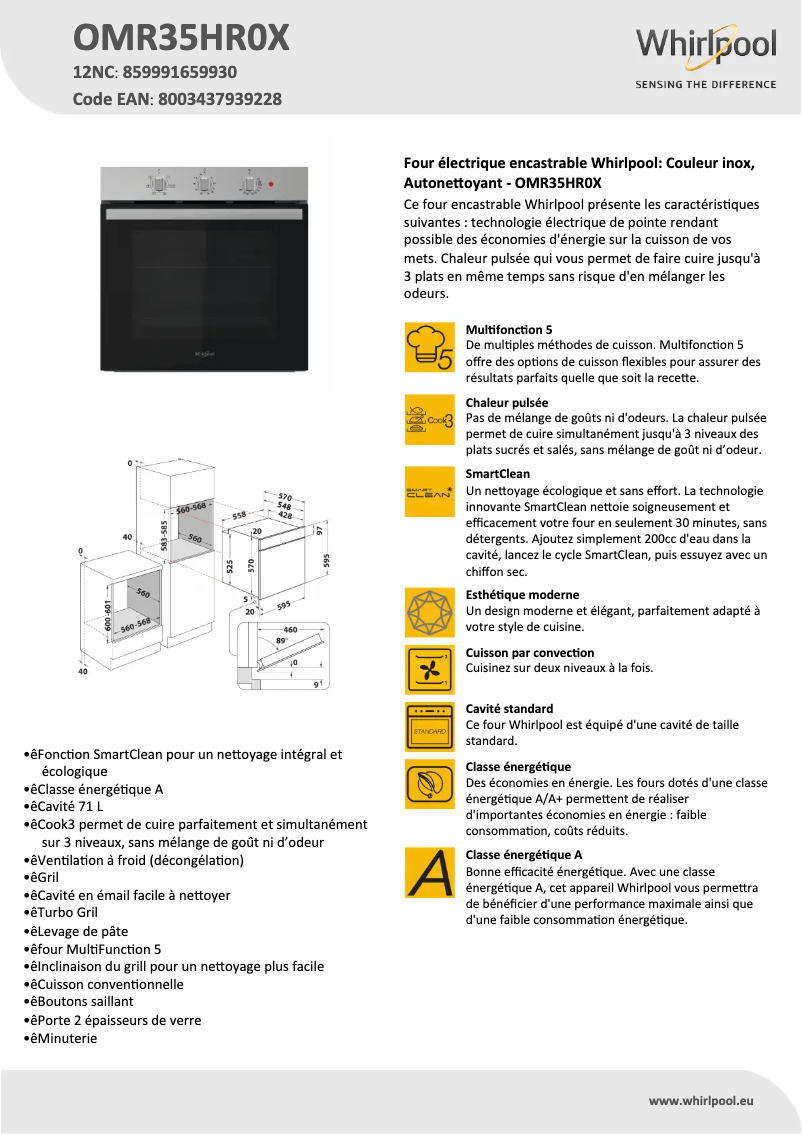 Page 1 de la notice Fiche technique Whirlpool OMR35HR0X