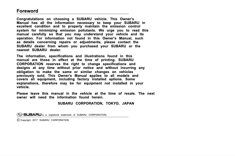 Image de la première page du manuel de l'appareil WRX STI (2018)