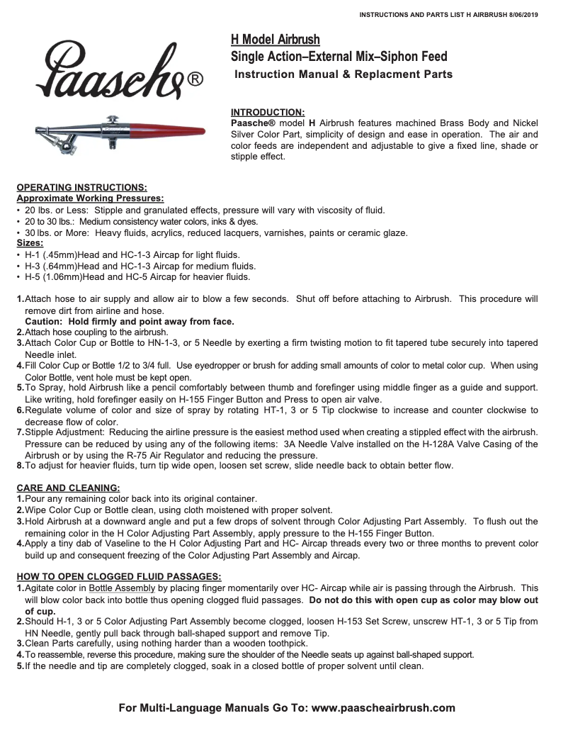 Page 1 de la notice Manuel utilisateur Paasche H-100D