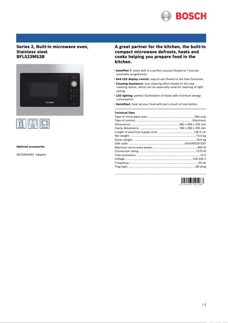 Page 1 de la notice Fiche technique Bosch BFL523MS3B