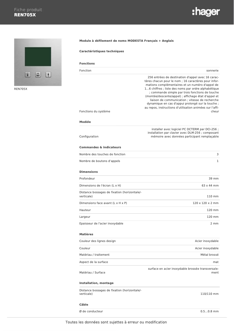 Page 1 de la notice Fiche technique Elcom REN705X