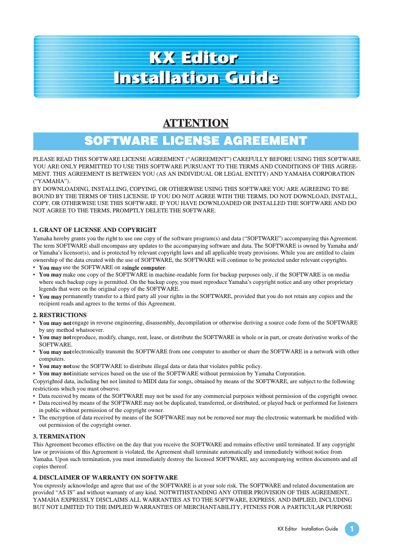 Page n°1 - Guide d'installation Yamaha KX49