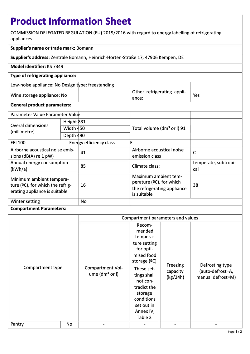 Page 1 de la notice Fiche technique Bomann KS 7349