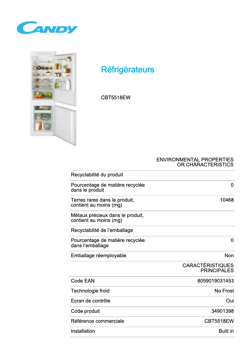 Page 1 de la notice Fiche technique Candy CBT5518EW