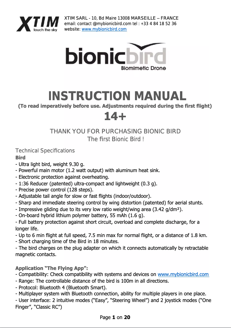 Image de la première page du manuel de l'appareil Bionic Bird
