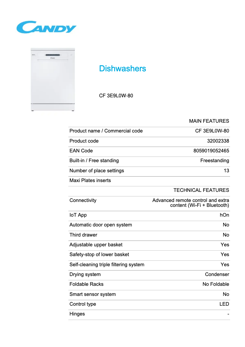 Page 1 de la notice Fiche technique Candy Rapido' CF 3E9L0W-80
