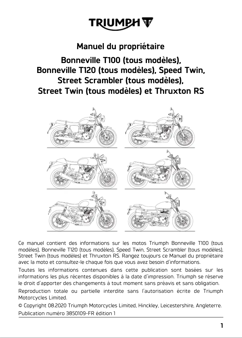 Page 1 de la notice Manuel utilisateur Triumph Speed Twin 1200 (2019)