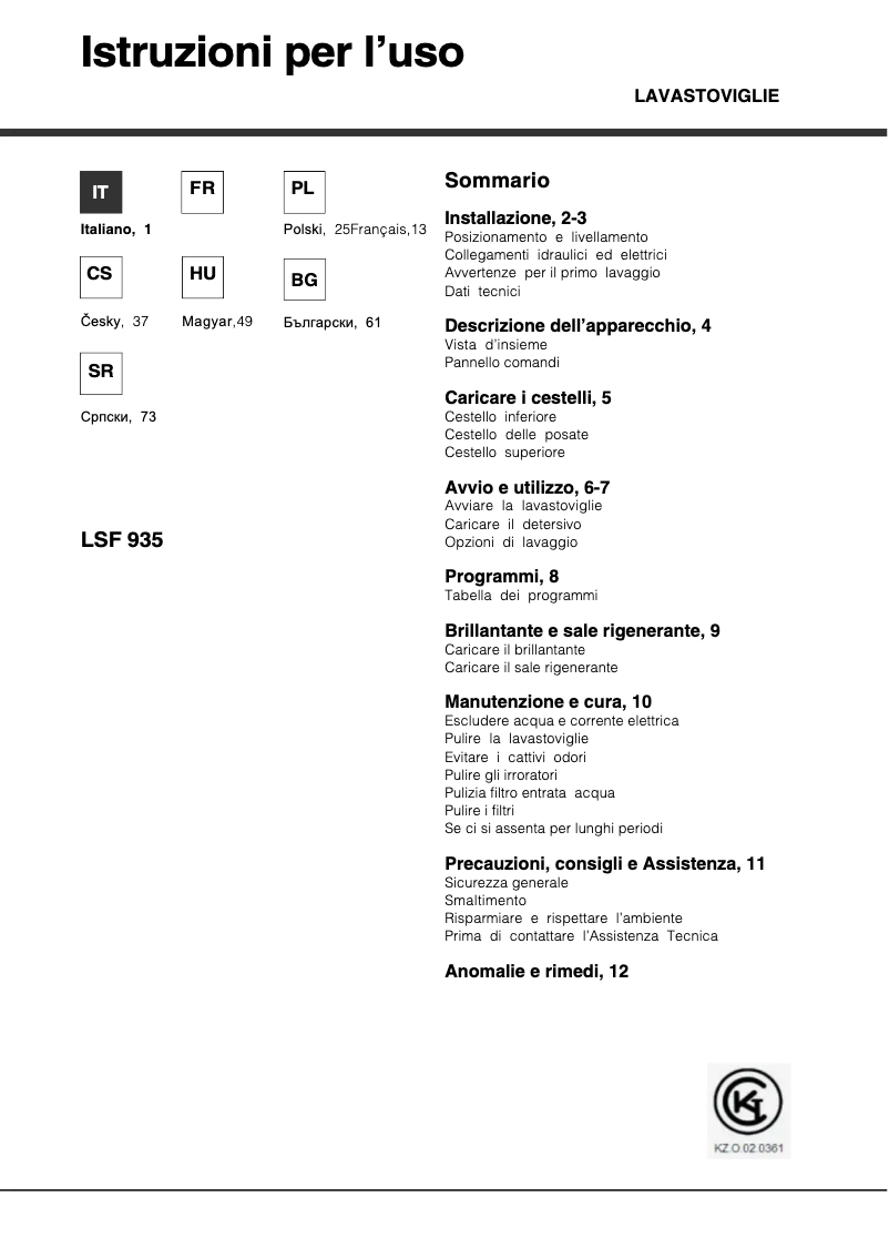Page n°1 - Manuel utilisateur Hotpoint Ariston LSF 935 X EU/HA