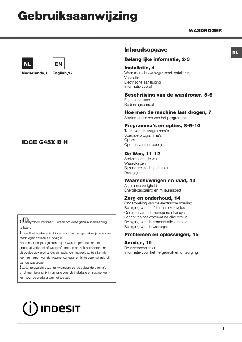 Page 1 de la notice Manuel utilisateur Indesit IDCE G45X B H PS(NL)
