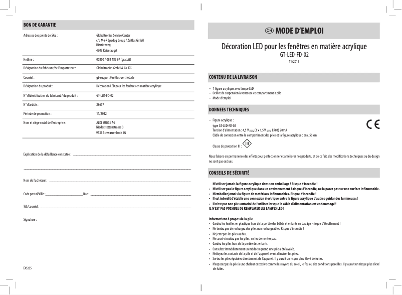 Page 1 de la notice Manuel utilisateur GlobalTronics GT-LED-FD-02