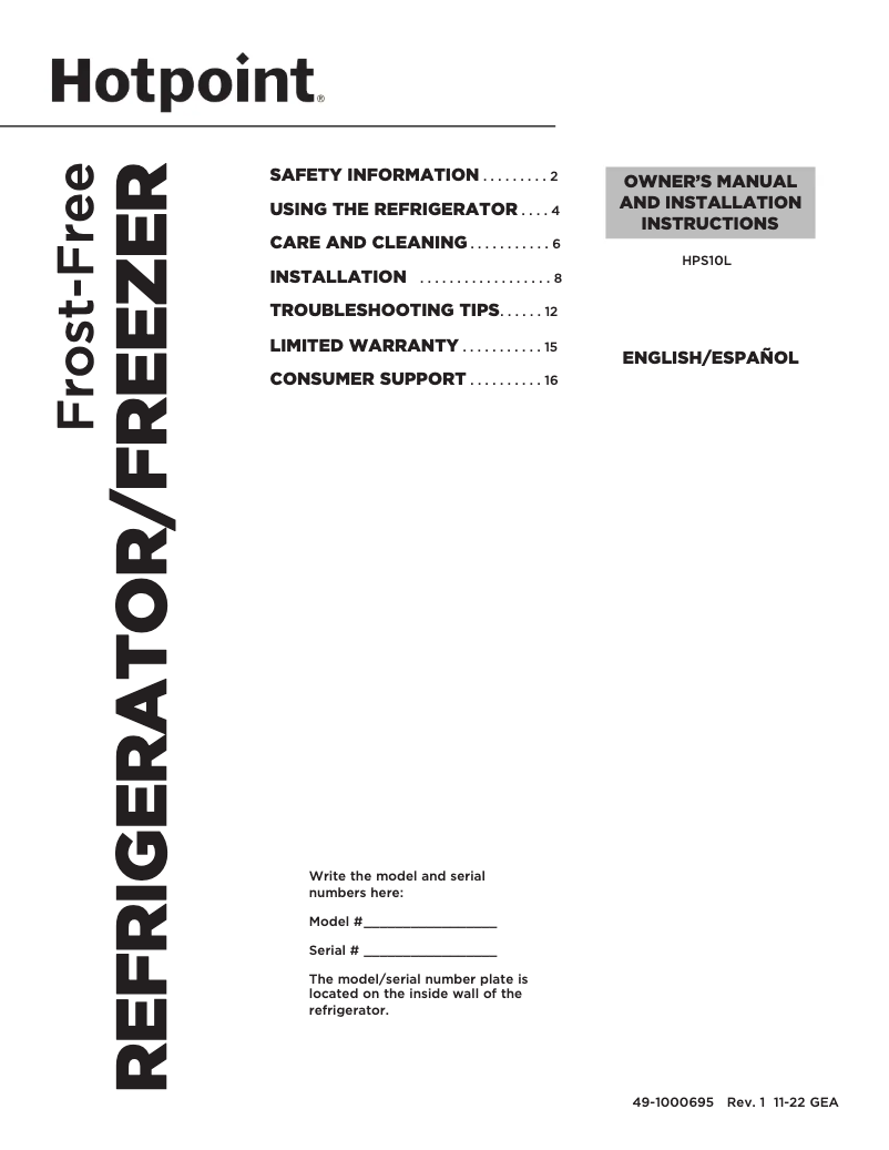 Page 1 de la notice Manuel utilisateur Hotpoint HPS10LSVRSS