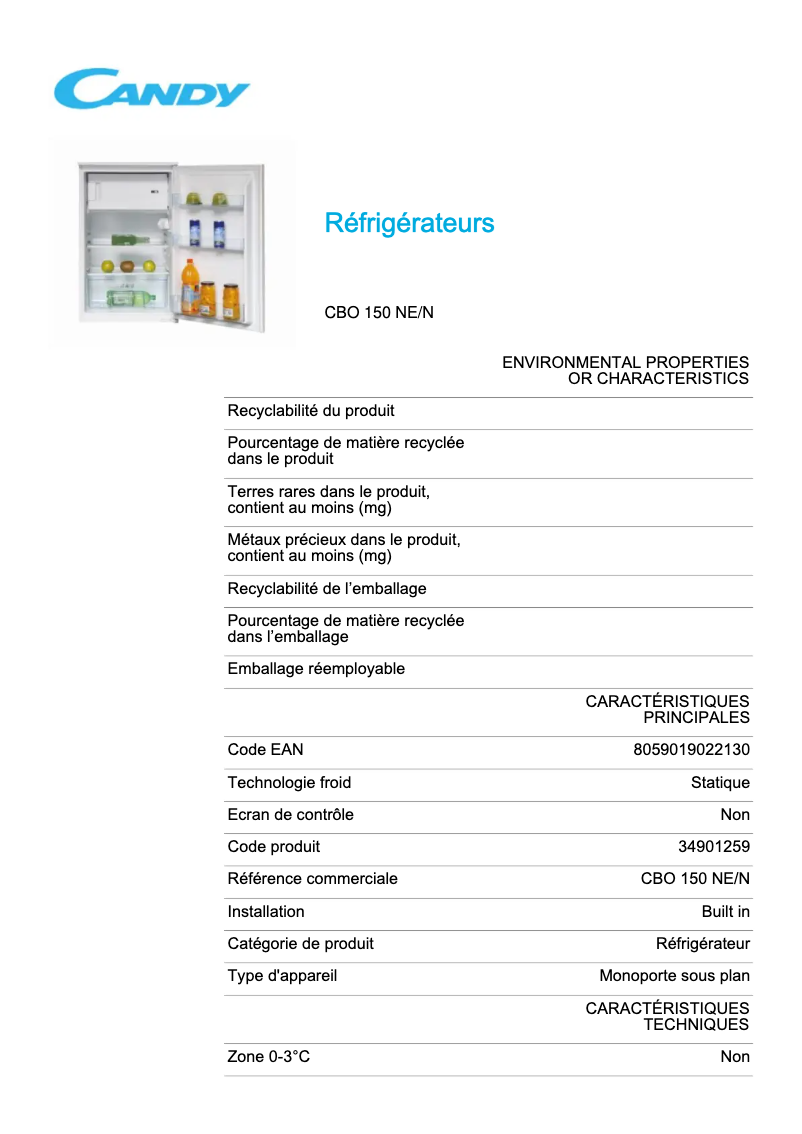 Page 1 de la notice Fiche technique Candy CBO 150 NE/N