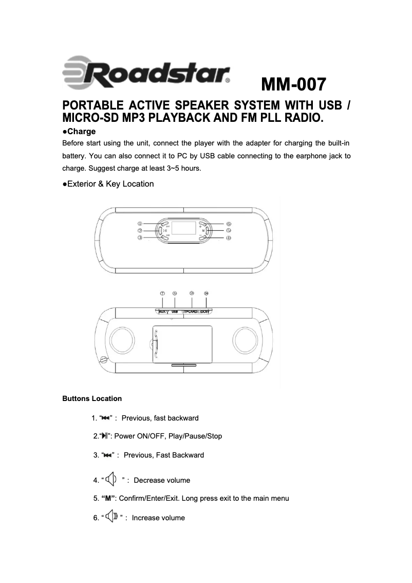 Page n°1 - Manuel utilisateur Roadstar MM-007