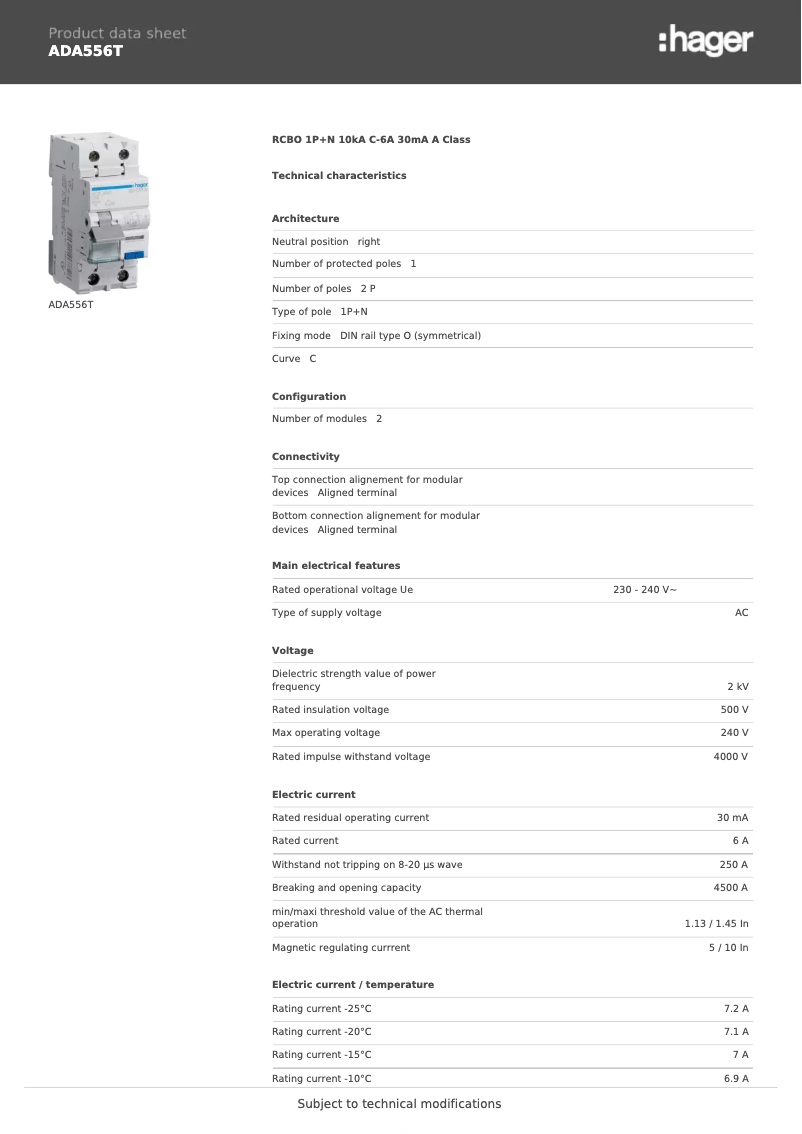 Page n°1 - Fiche technique Hager ADA556T