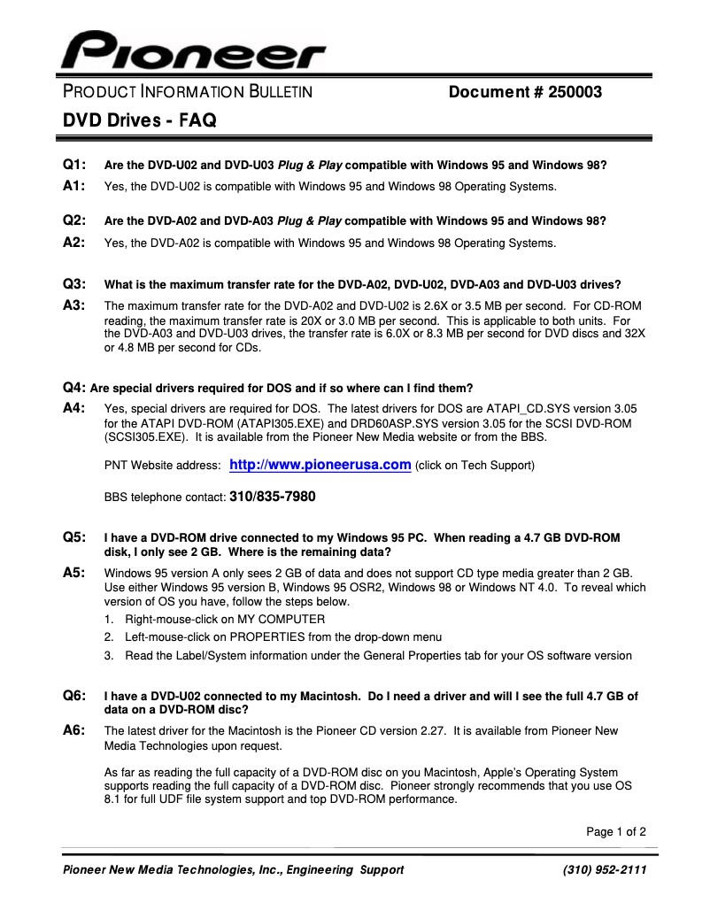 Page n°1 - FAQ Pioneer DVD-305S
