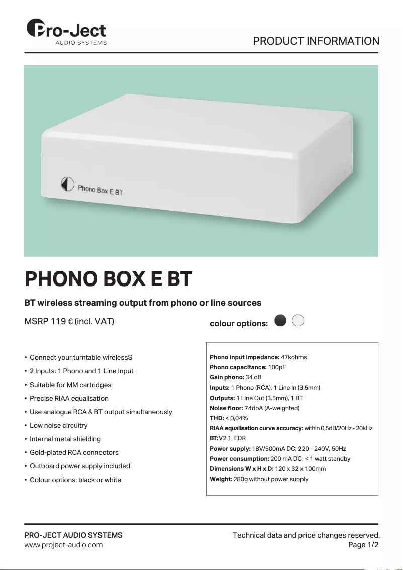 Page 1 de la notice Fiche technique Pro-Ject Phono Box E BT