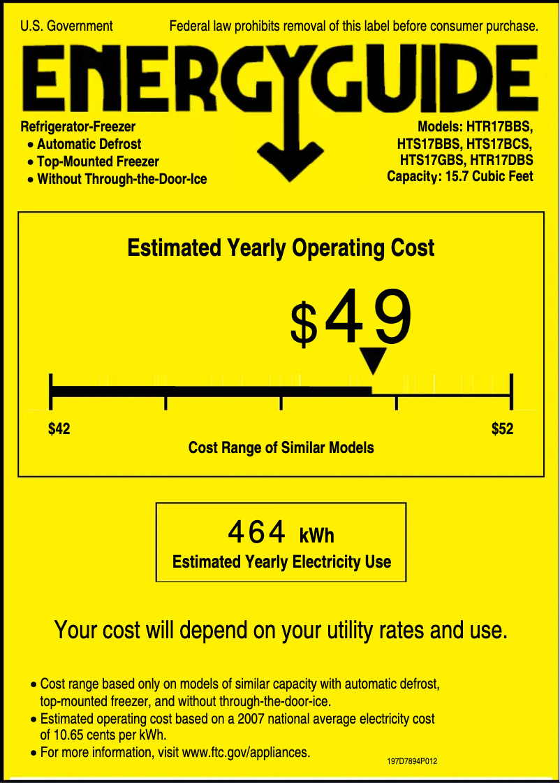 Page 1 de la notice Label énergétique Hotpoint HTR17DBSBB