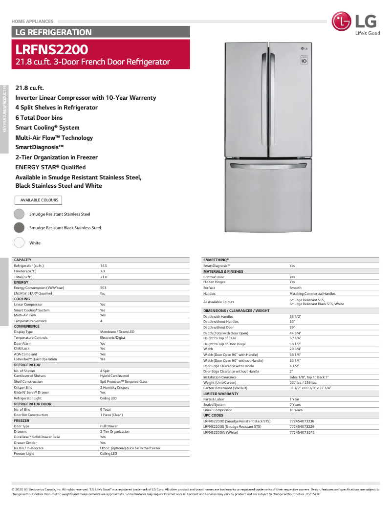 Page 1 de la notice Fiche technique LG LRFNS2200D