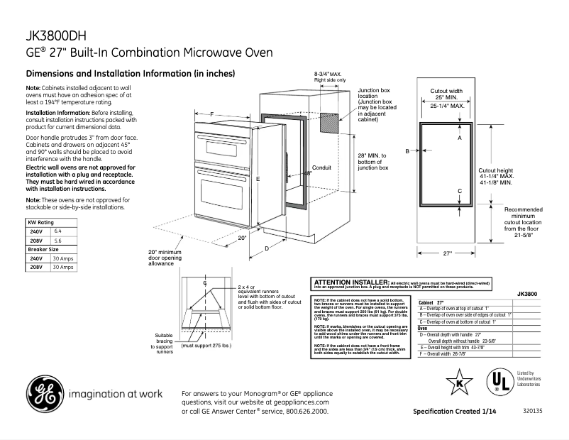 Page 1 of the manual Technical Sheet GE JK3800DHBB