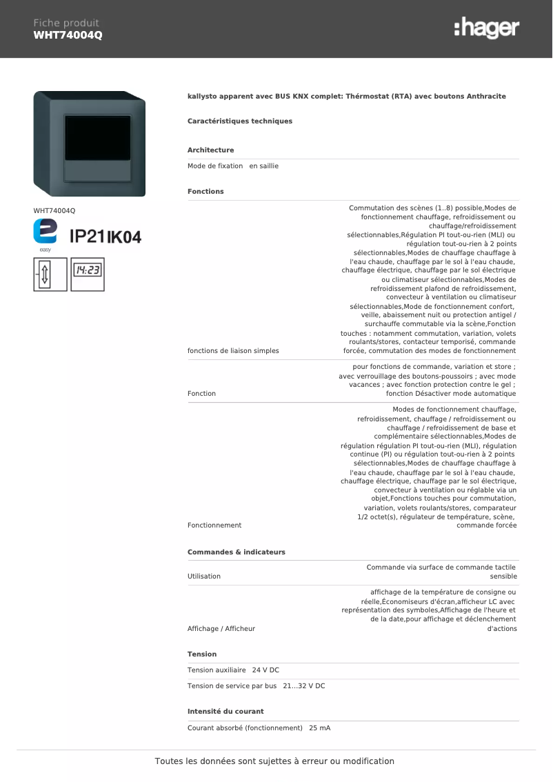 Image de la première page du manuel de l'appareil WHT74004Q