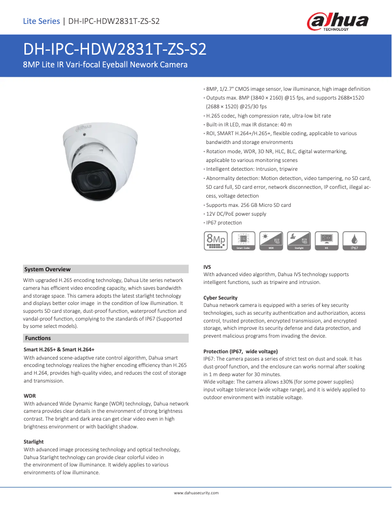 Page 1 de la notice Fiche technique Dahua Technology IPC-HDW2831T-ZS-S2
