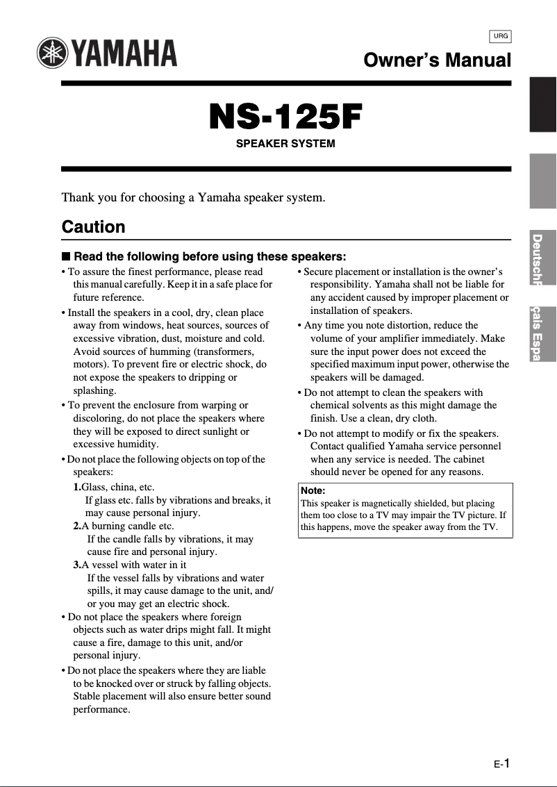 Page 1 of the manual User Manual Yamaha NS-125F