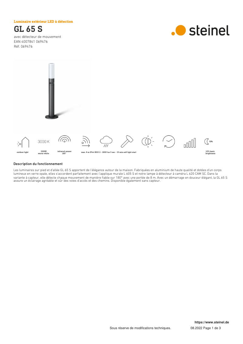 Page 1 de la notice Fiche technique Steinel GL 65 S