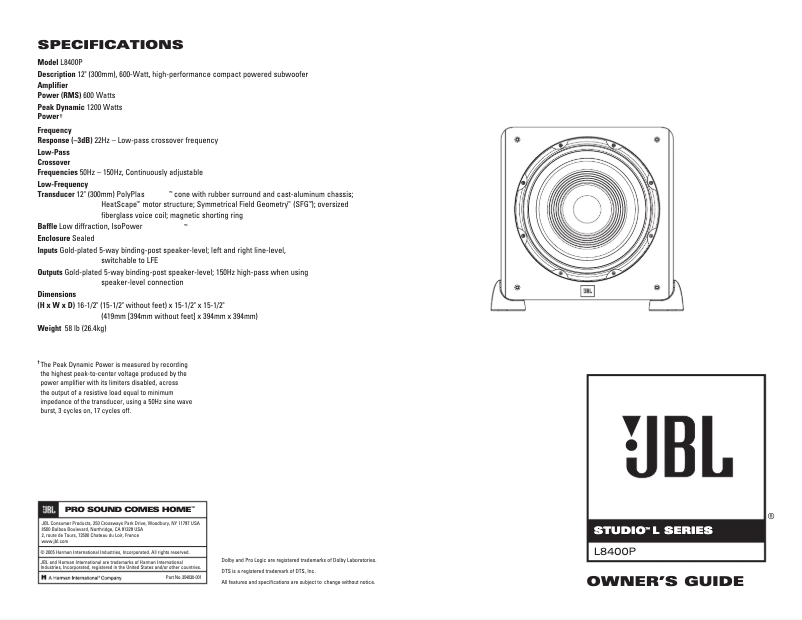 Page n°1 - Manuel utilisateur JBL Studio L8400P