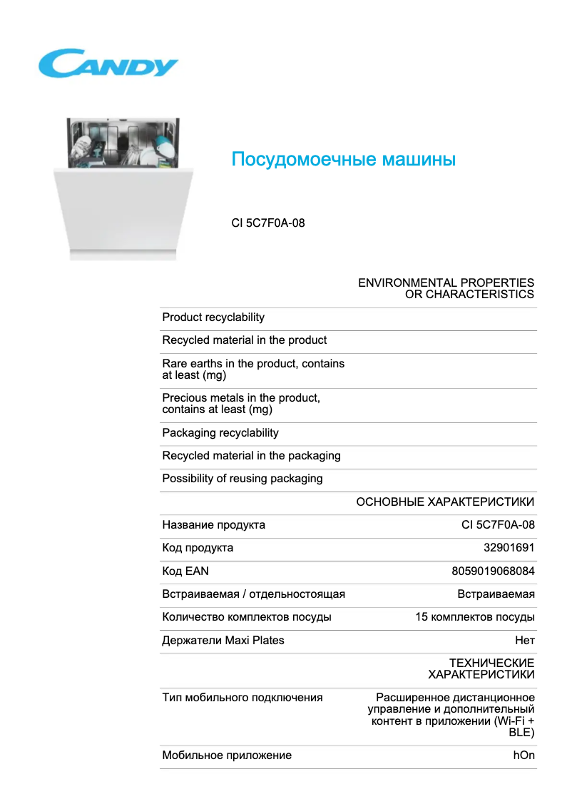 Page 1 de la notice Fiche technique Candy CI 5C7F0A