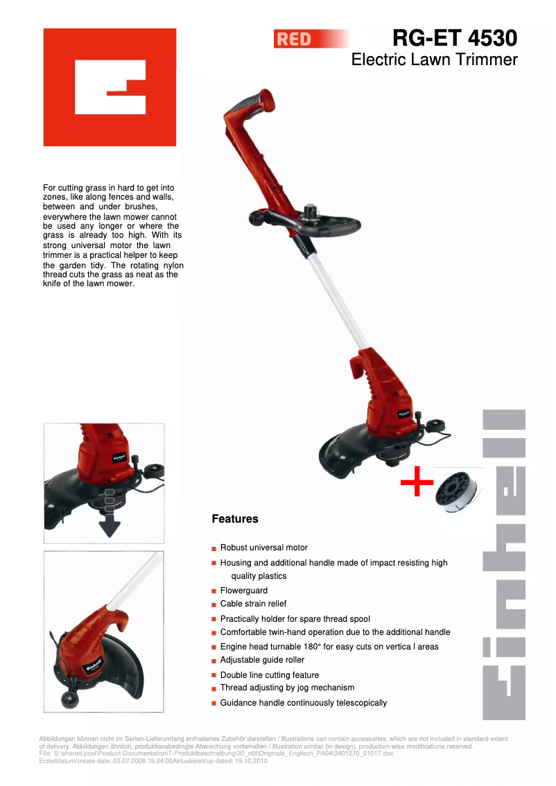 Página 1 del manual Ficha técnica Einhell RG-ET 4530